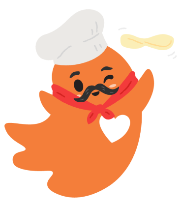 A friendly winking orange cartoon ghost with white heart on it's chest is dressed like a chef. The ghost has a white chefs hat on with a red bandana around it's neck and is throwing a pizza in the air. 